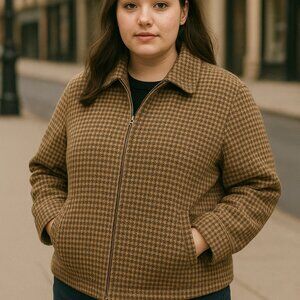 Vtg Ralph Lauren Tan Houndstooth Wool Zip Up Jacket Heritage Size 22W Old Money